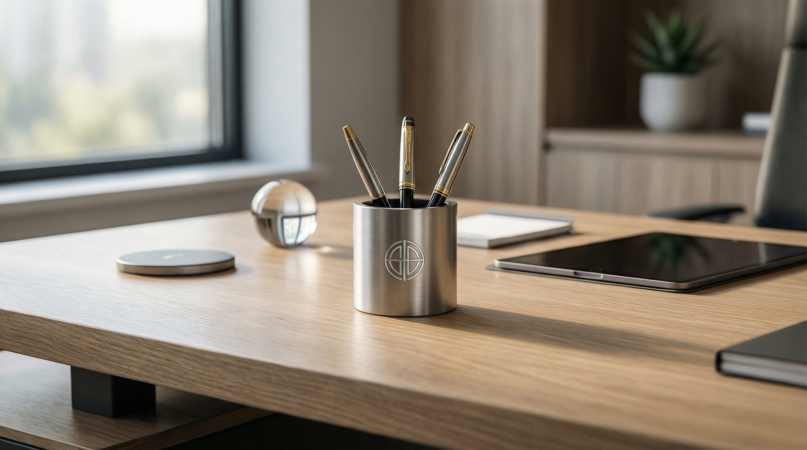 Masa üstü promosyon ürünleri arasında yer alan logolu kalemlik